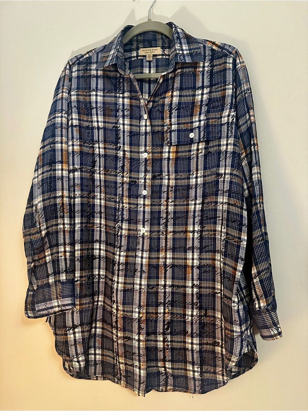 Burberry London Chava Scribble Check Long 100% Silk Button-down Shirt Size 6